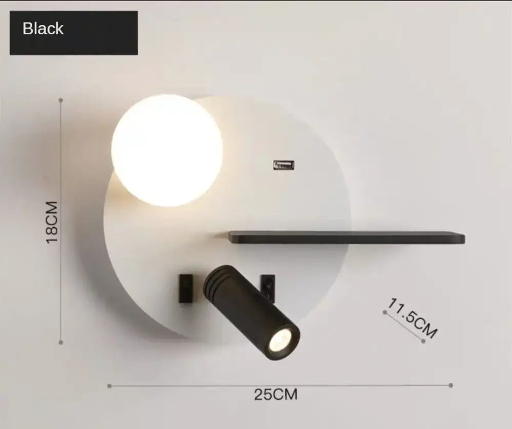 Black DecorBites™ LED reading wall lamp with spherical globe bulb, adjustable spotlight, USB charging, and storage