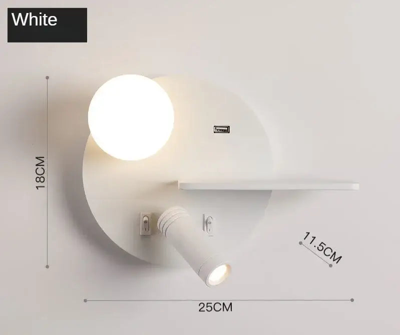 White wall lamp with spherical bulb and adjustable spotlight featuring usb port from decorbites led reading collection