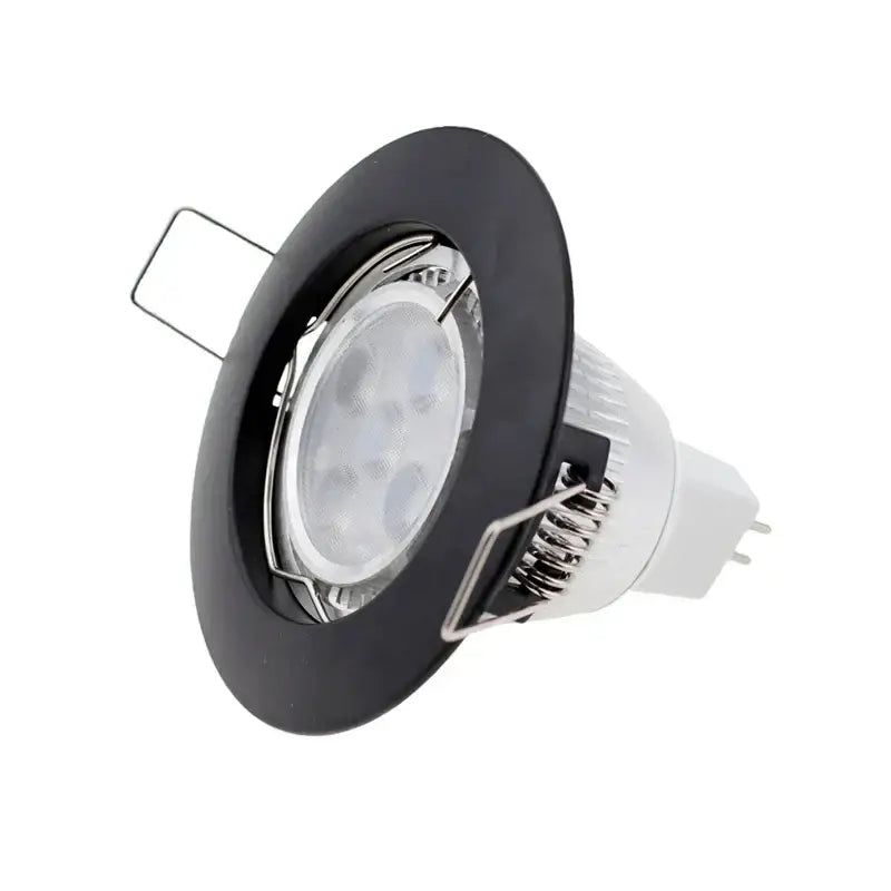 Black decorbites led recessed round aluminum spotlight fixture with white gu10 bulb and metallic mounting clips