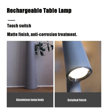 Gray matte-finished aluminum table lamp with sleek cylindrical design and touch switch rechargeable desk lamp