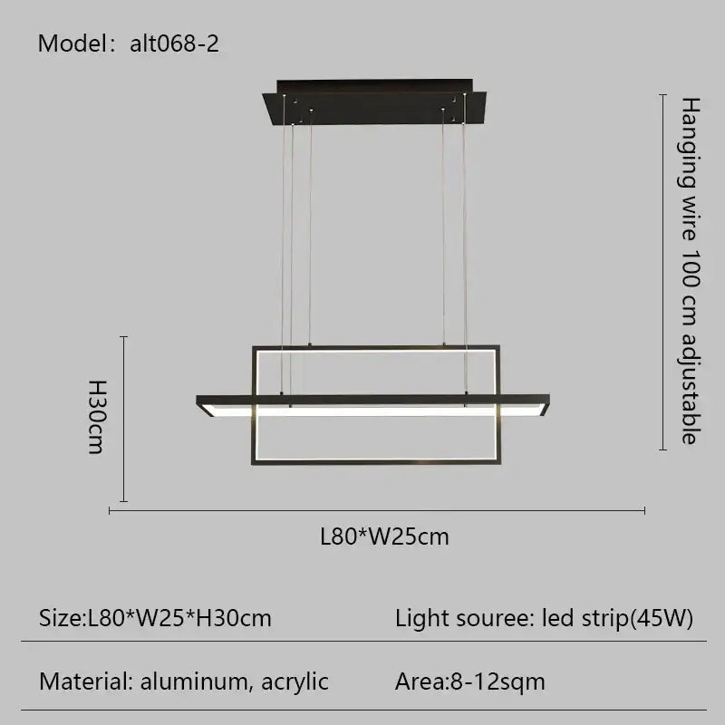 Modern black DecorBites LED rectangle pendant light with aluminum and acrylic construction for dining room and kitchen use