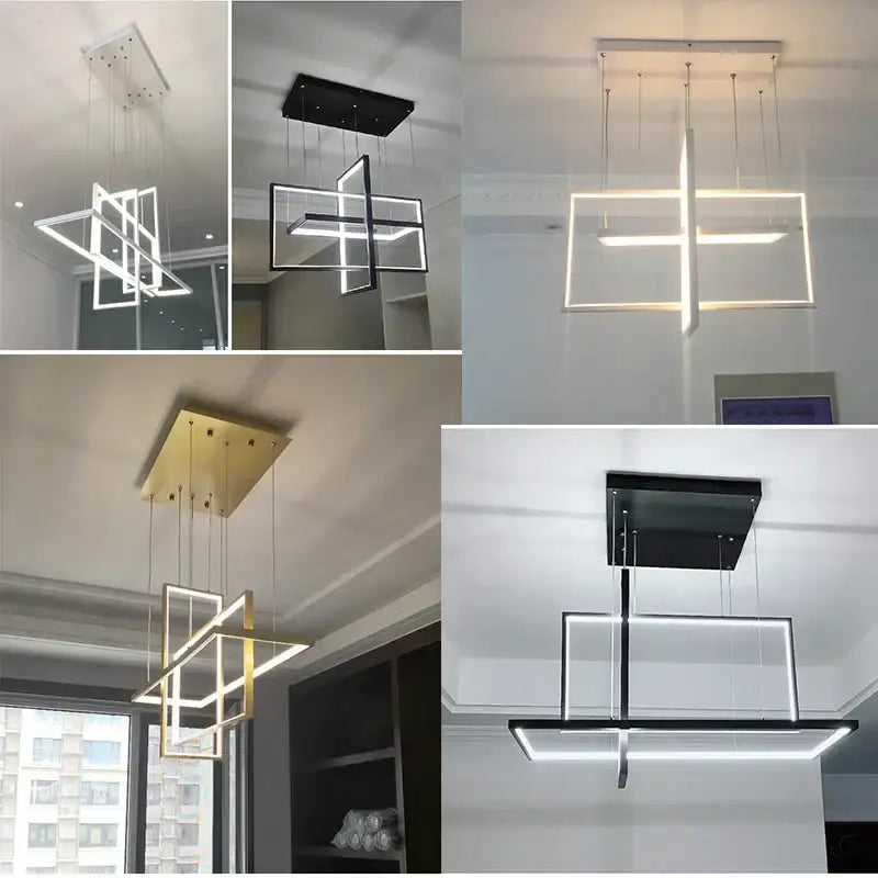 Modern geometric DecorBites LED rectangle pendant lights in black white and gold with minimalist frames for dining room