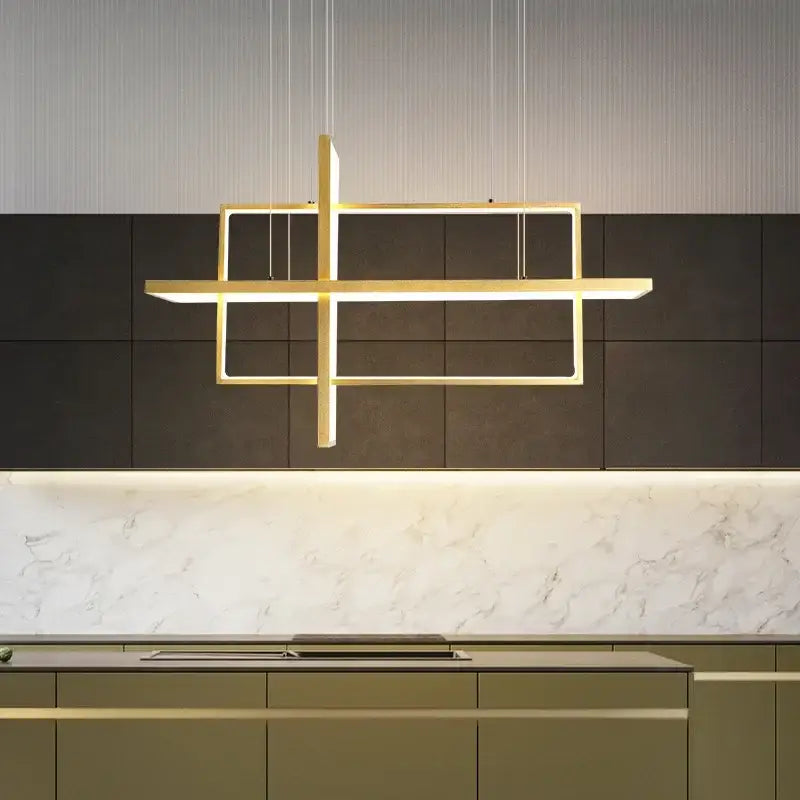 Modern gold-toned geometric decorbites led rectangle pendant light with intersecting frames for dining room and kitchen
