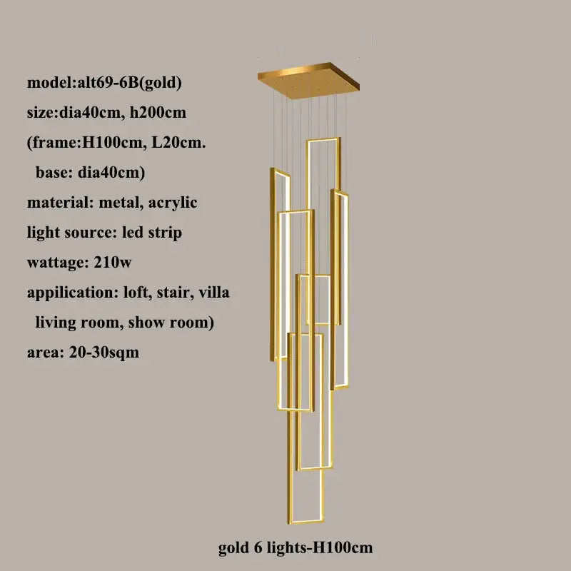 Gold modern pendant lighting with six vertical LED rectangle strips by DecorBites for led rectangle staircase decor