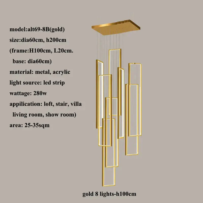 Gold modern decorbites led rectangle pendant lighting with eight rectangular led strips for staircase decor