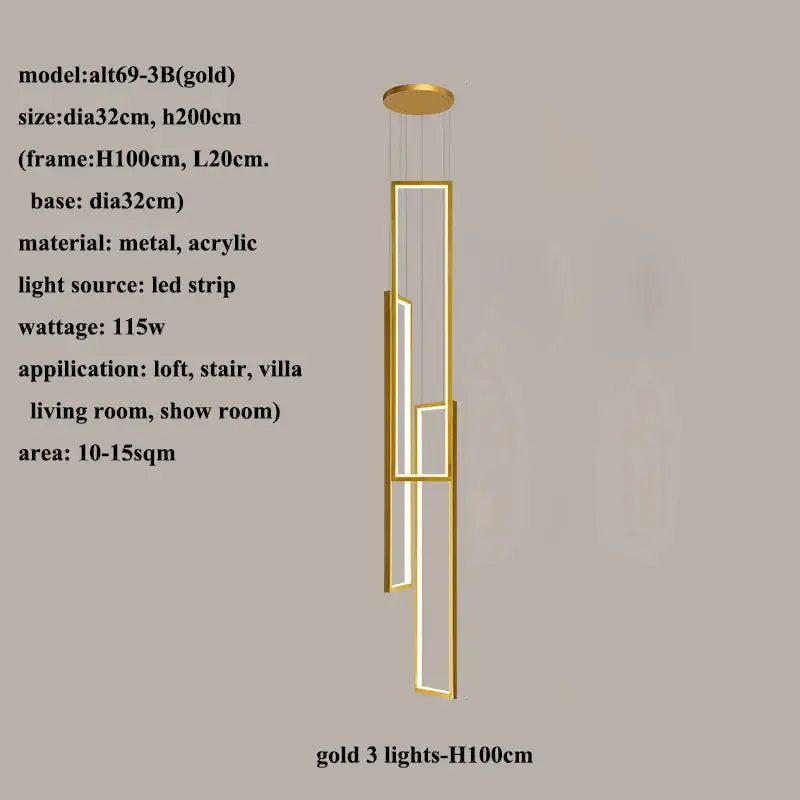 Gold modern pendant lighting with three vertical led strips in metal and acrylic decorbites led rectangle chandelier