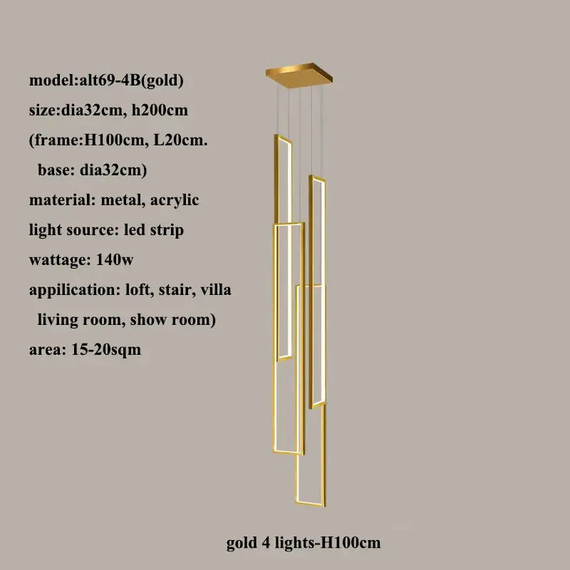 Gold-colored decorbites led rectangle pendant lighting with four vertical led strips for modern staircase decor