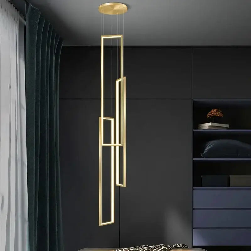 Modern gold-toned decorbites led rectangle pendant light with overlapping frames for staircase and living room decor