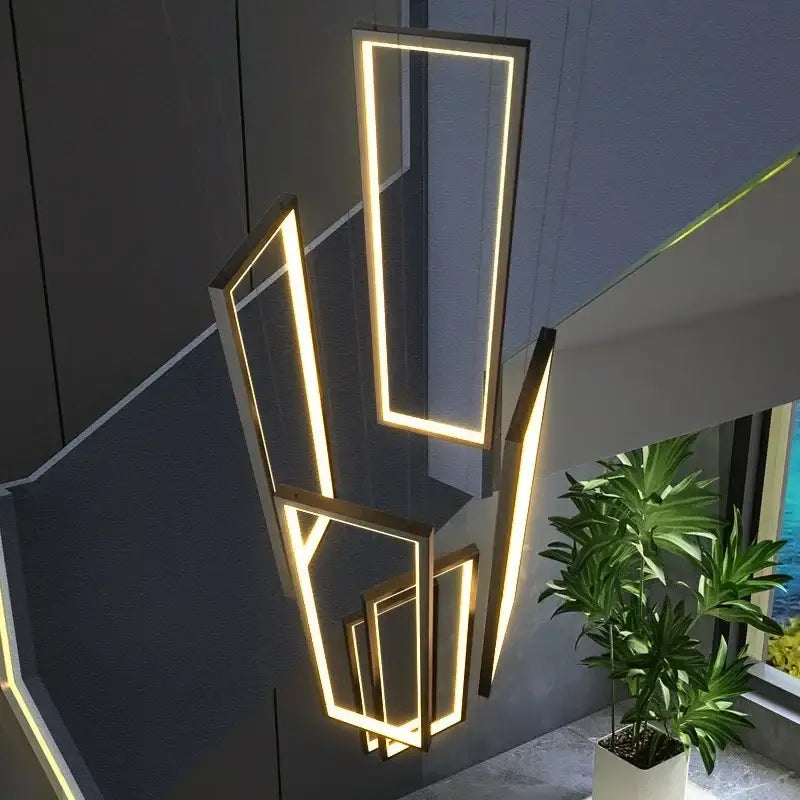 Modern geometric decorbites led rectangle chandelier with illuminated warm golden frames for staircase pendant lighting