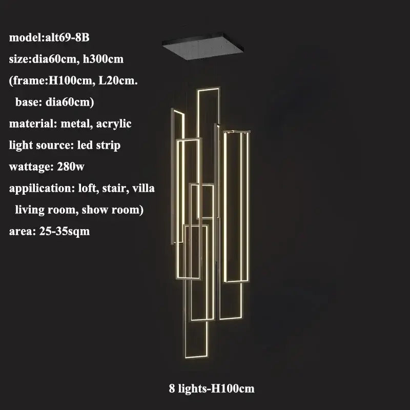 Modern decorbites led rectangle chandelier with glowing gold led strips in metal and acrylic for staircase lighting