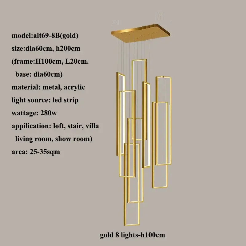 Decorbites led rectangle chandelier with eight gold rectangular led light strips suspended from a square base