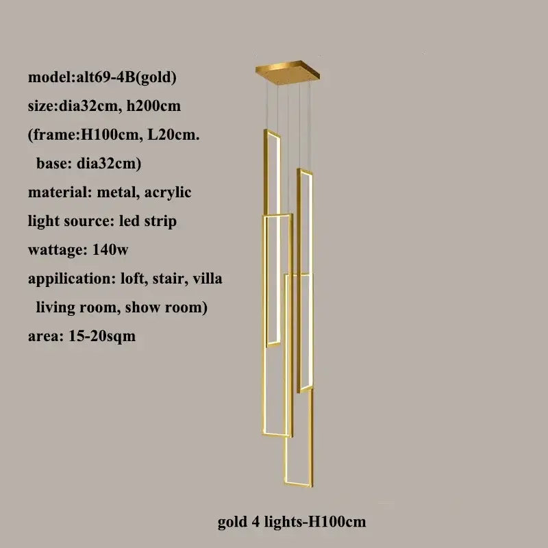Gold modern decorbites led rectangle pendant light with four vertical led strips for staircase or living room decor