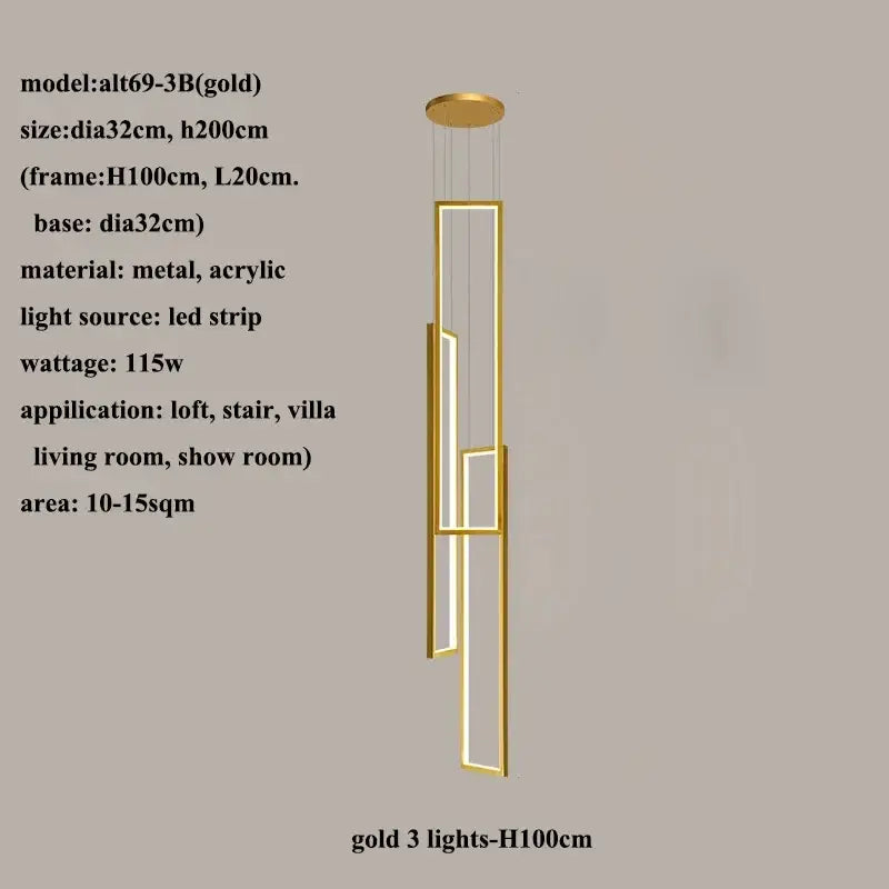 Decorbites led rectangle modern gold pendant lighting with three vertical led strips in metal and acrylic for staircase decor