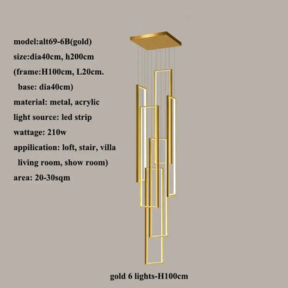Gold decorbites led rectangle chandelier with six vertical frames for modern staircase and living room decor lighting