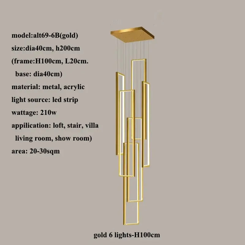 Gold decorbites led rectangle chandelier with six vertical frames for modern staircase and living room decor lighting