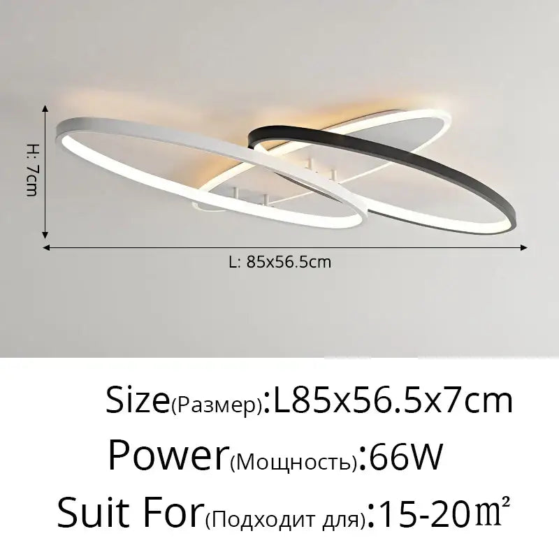 Modern minimalist decorbites led rectangular chandelier featuring interlocking black and white rings with metallic finish