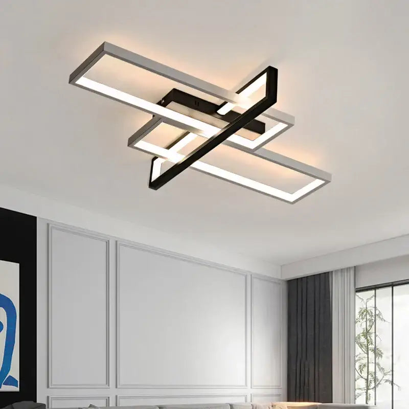 DecorBites LED rectangular chandelier featuring a modern black and white geometric ceiling light for living rooms