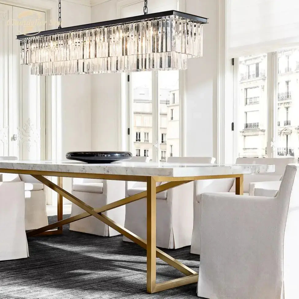 DecorBites™ led rectangular crystal chandelier with black metal frame hanging above dining table for dining living kitchen island