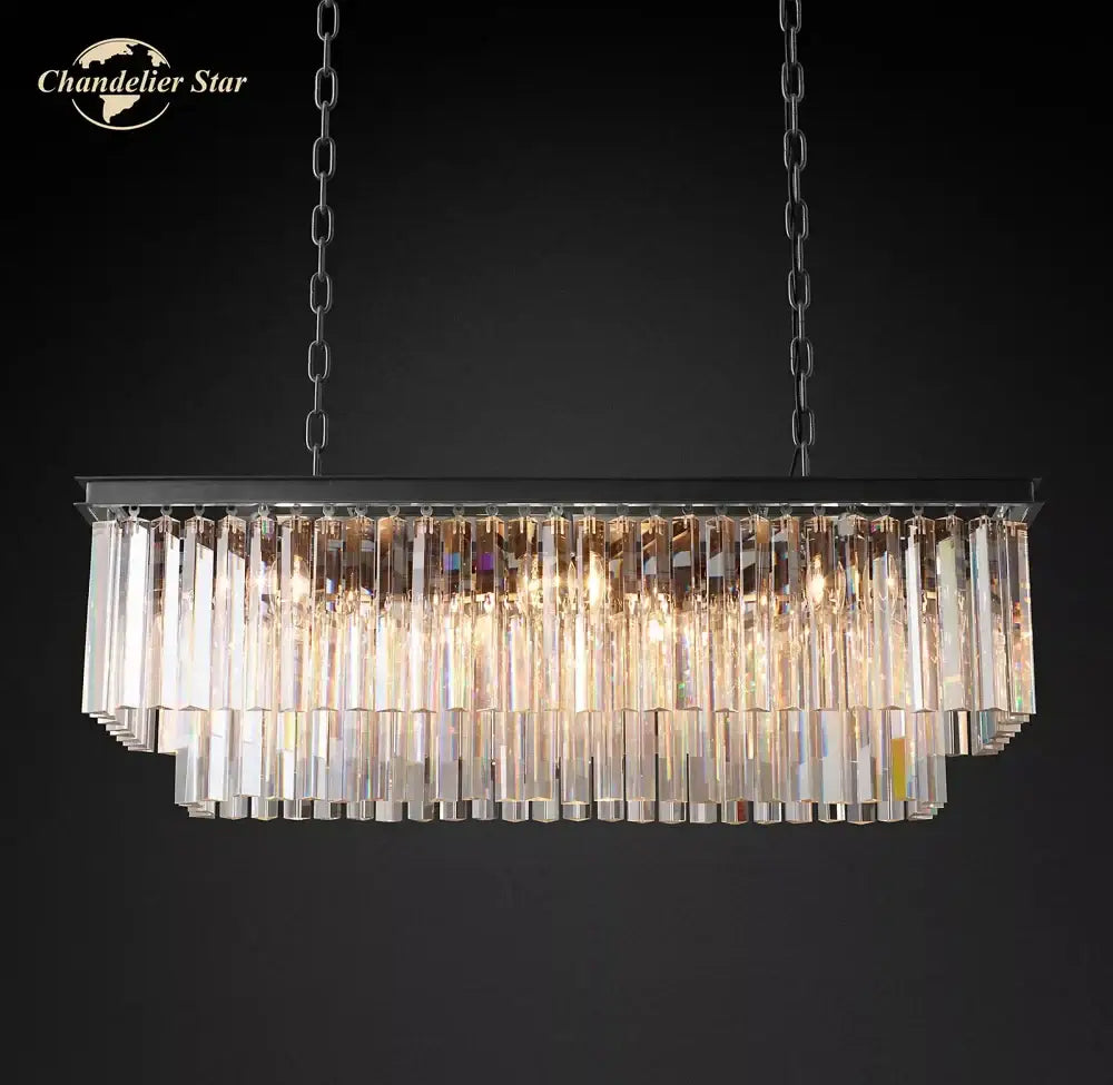 DecorBites™ led rectangular crystal chandelier with cascading clear prisms and black chains for dining or kitchen island
