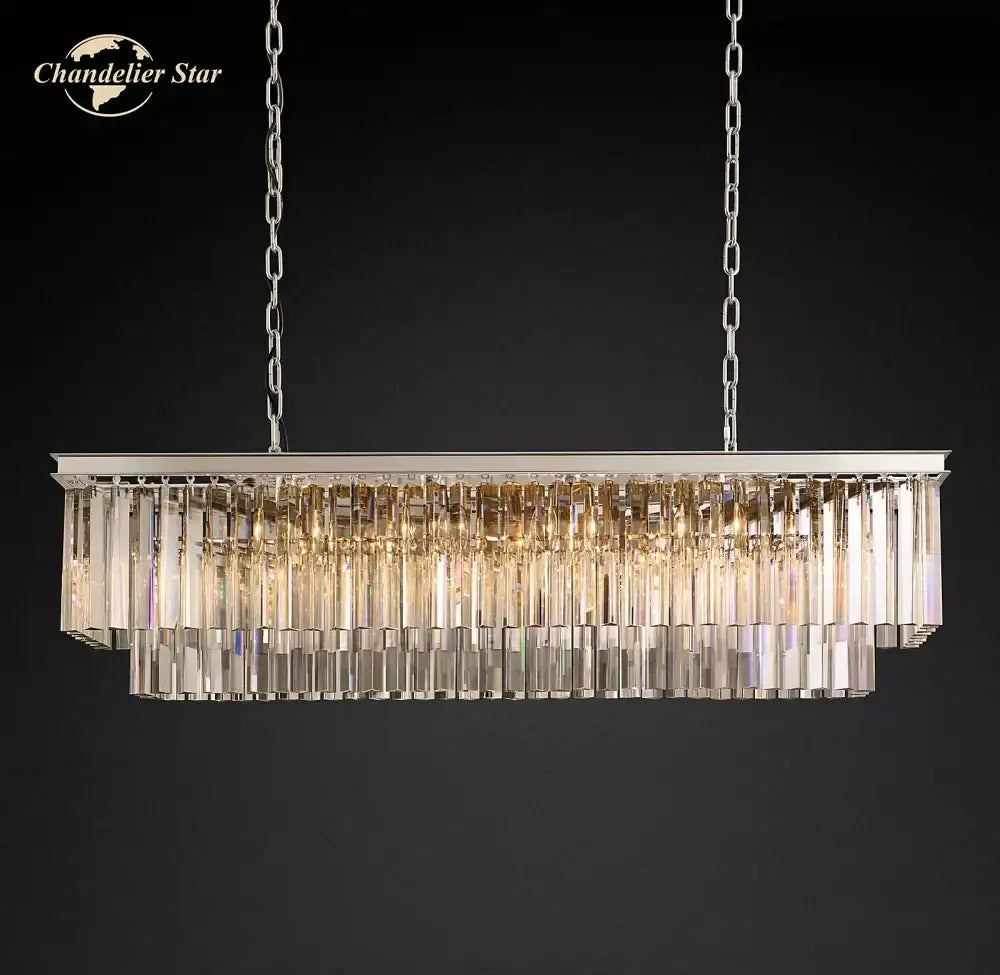 DecorBites™ LED rectangular crystal chandelier with sleek silver frame and cascading clear crystal rods for dining and kitchen island