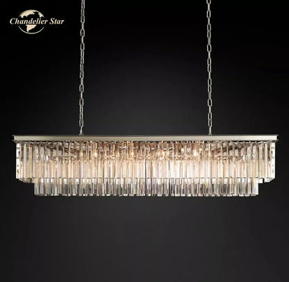 Decorbites led rectangular crystal chandelier with sleek metallic frame and cascading clear crystal rods for dining and kitchen island