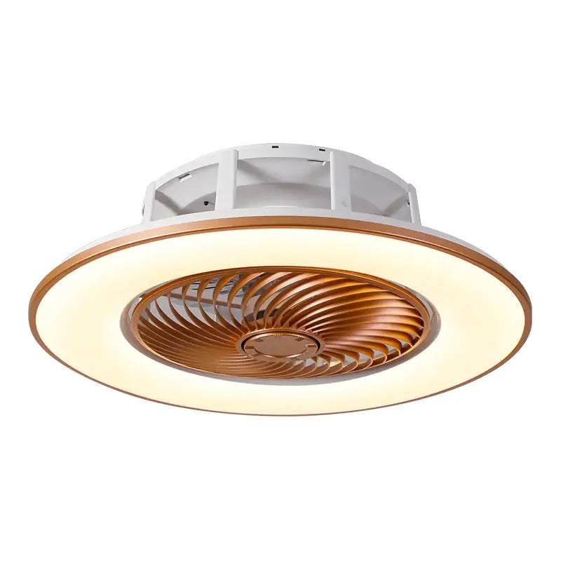 Round ceiling fan light with warm gold fan blades and illuminated white ring in decorbites led remote control chandelier