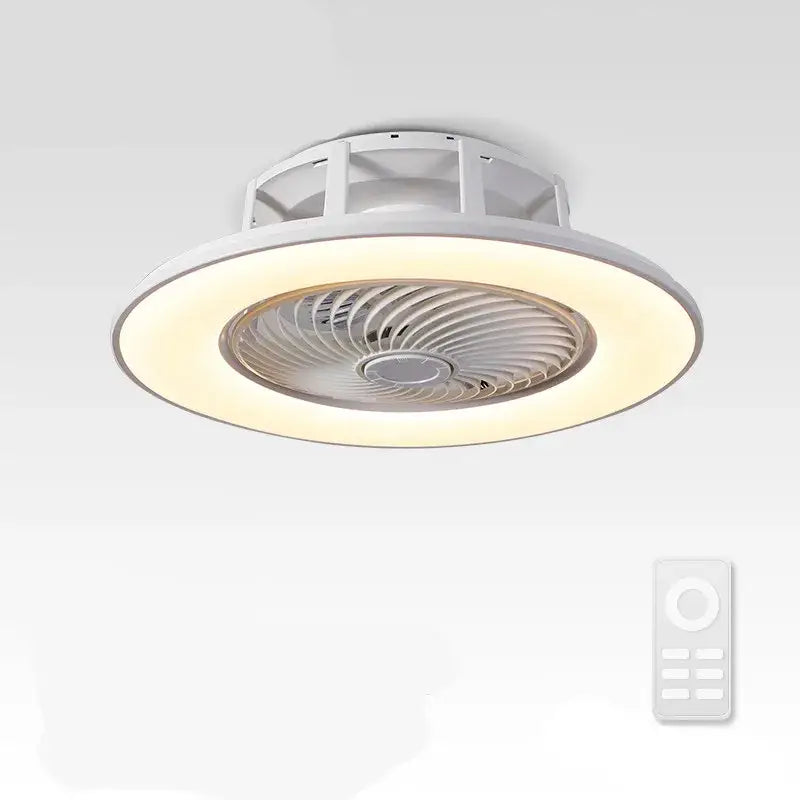 White circular ceiling fan with integrated led ring and central blades by decorbites led remote control chandelier for bedroom