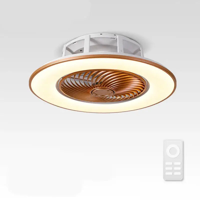 Decorbites led remote control ceiling fan light with warm copper fan and white led ring on white base for bedroom and living room