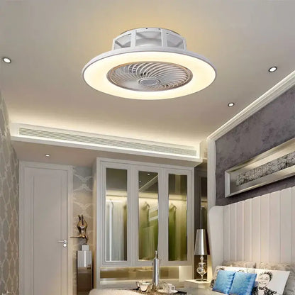 White circular ceiling fan with integrated led ring and central blades decorbites led remote control chandelier light