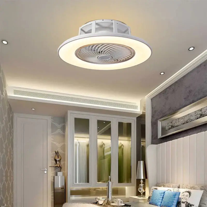 White circular ceiling fan with integrated led ring and central blades decorbites led remote control chandelier light