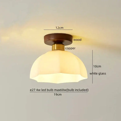 DecorBites led resin ceiling light fixture with warm-toned octagonal white glass and wooden copper accents for porch