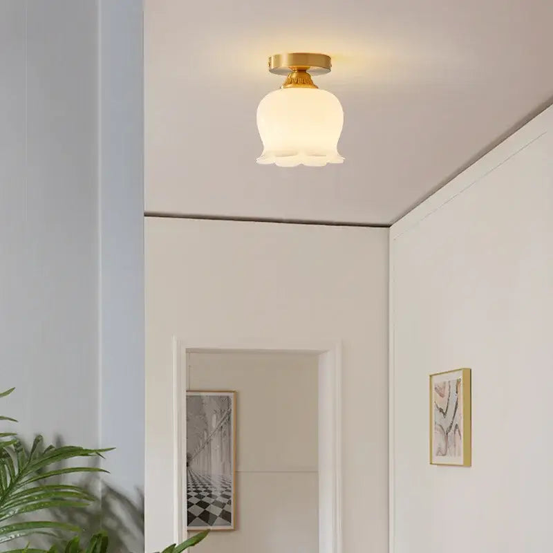 DecorBites LED resin ceiling light fixture with warm frosted glass and gold fluted base for porch and living room