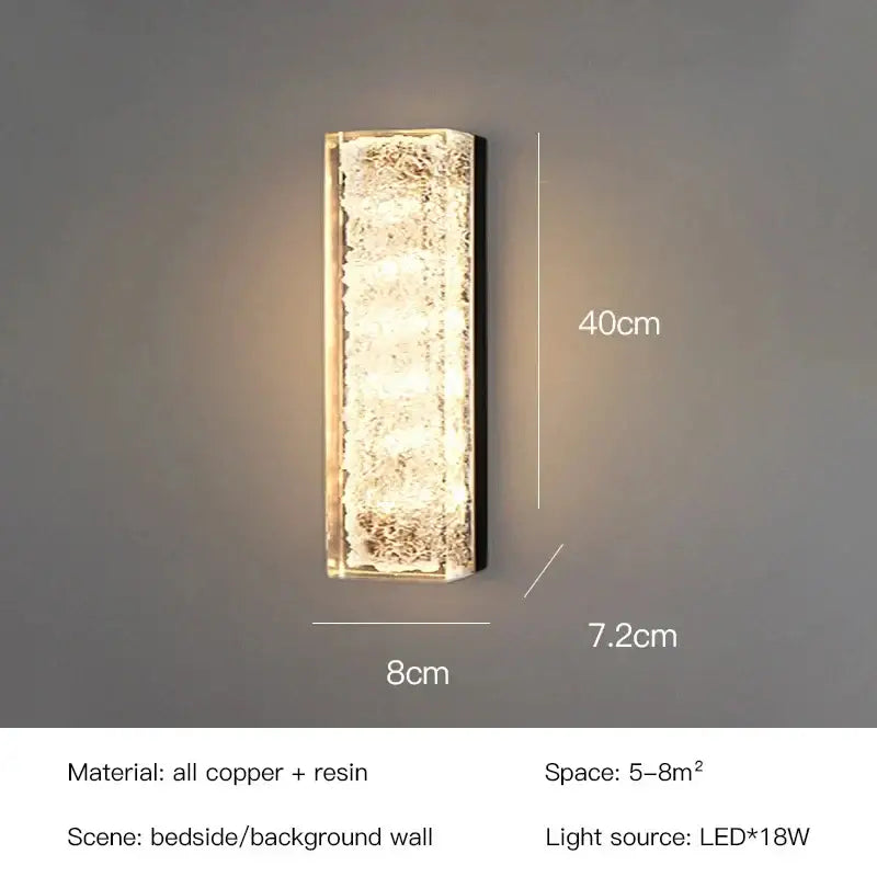 Rectangular decorbites led resin wall lamp with textured translucent resin body and copper frame for bedroom and living room