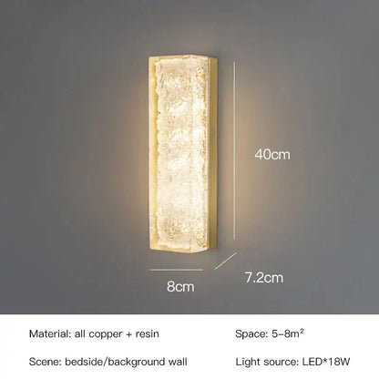 Decorbites led resin wall lamp with a textured translucent resin center and polished copper frame for bedroom lighting