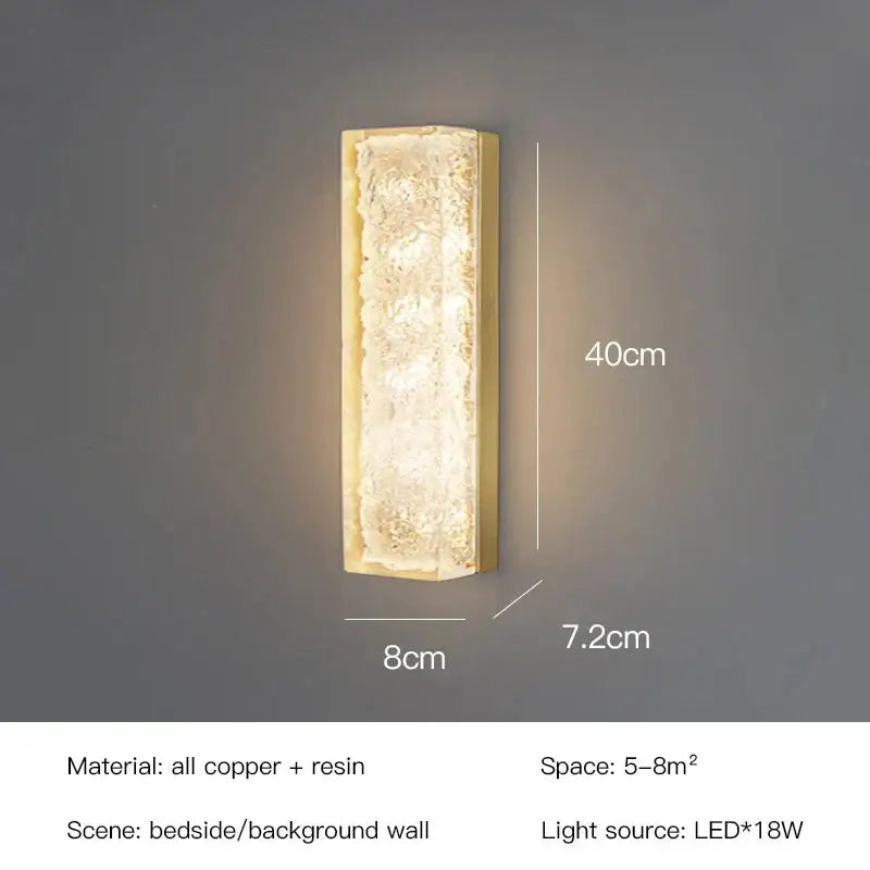Decorbites led resin wall lamp with a textured translucent resin center and polished copper frame for bedroom lighting