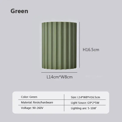 Olive green cylindrical decorbites led resin wall sconces with vertical ridges made of resin and hardware for minimalist lighting