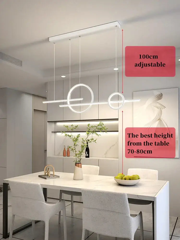 Modern minimalist decorbites led restaurant chandelier with white led rings and slim metallic rods adjustable to 100cm