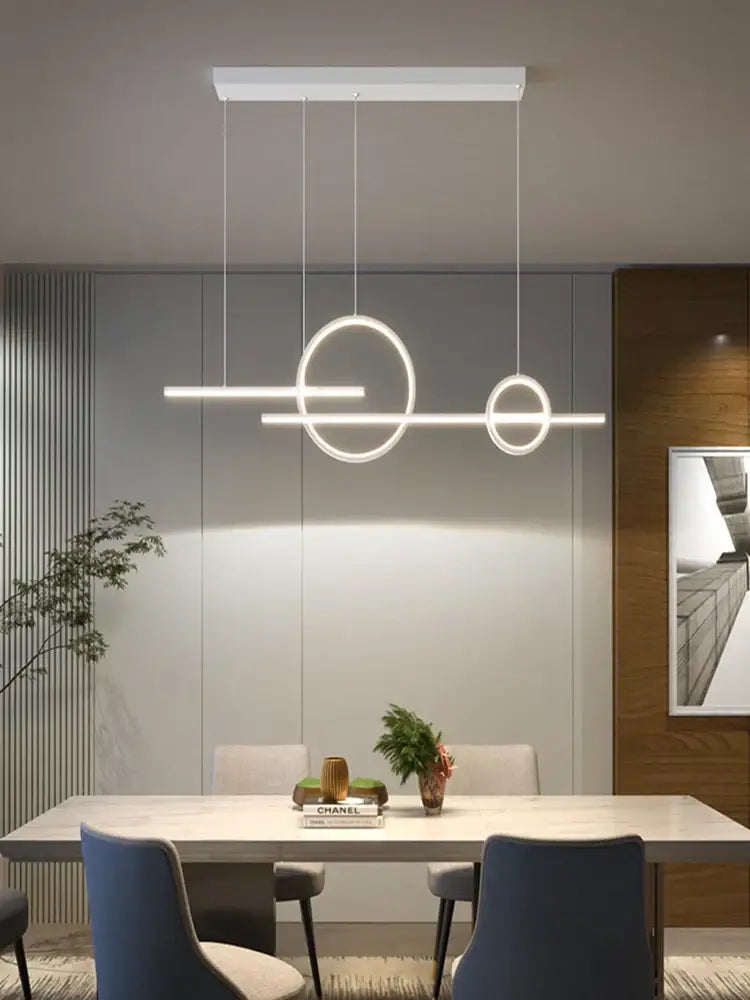 Modern white led restaurant chandelier by decorbites with geometric circular and linear design for living and dining rooms