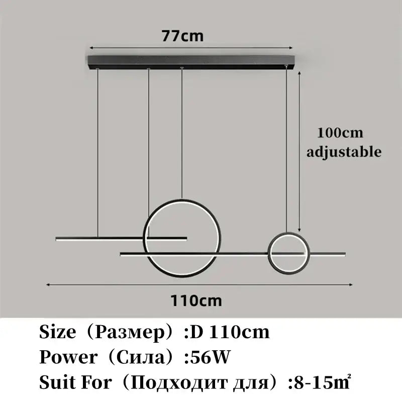 Modern minimalist decorbites led restaurant chandelier with black rectangular fixture and two circular led rings for dining rooms