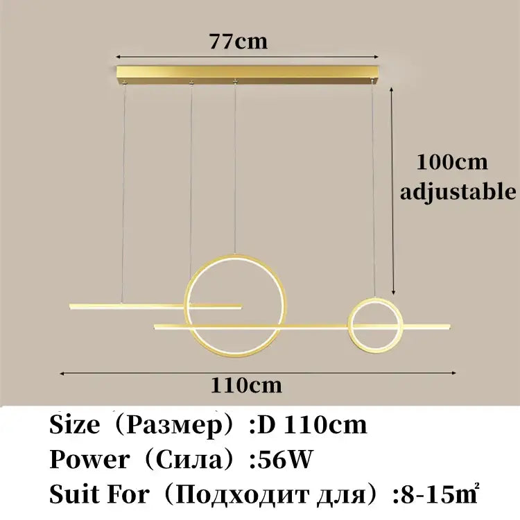 Modern gold-finished decorbites led restaurant chandelier with circular accents and adjustable hanging length for dining rooms