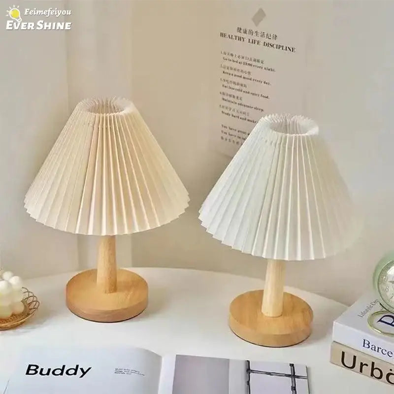 Two off-white pleated fabric lampshades with wooden bases for decorbites led retro table lamp usb plug desk night light