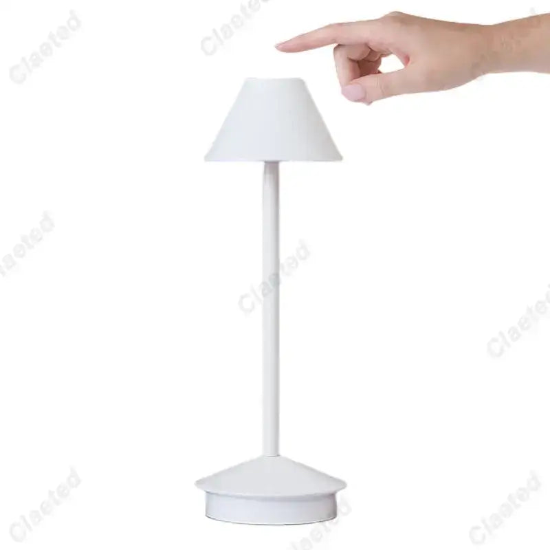 White minimalist decorbites led retro touch table lamp with conical shade and slender stem for bedside lighting