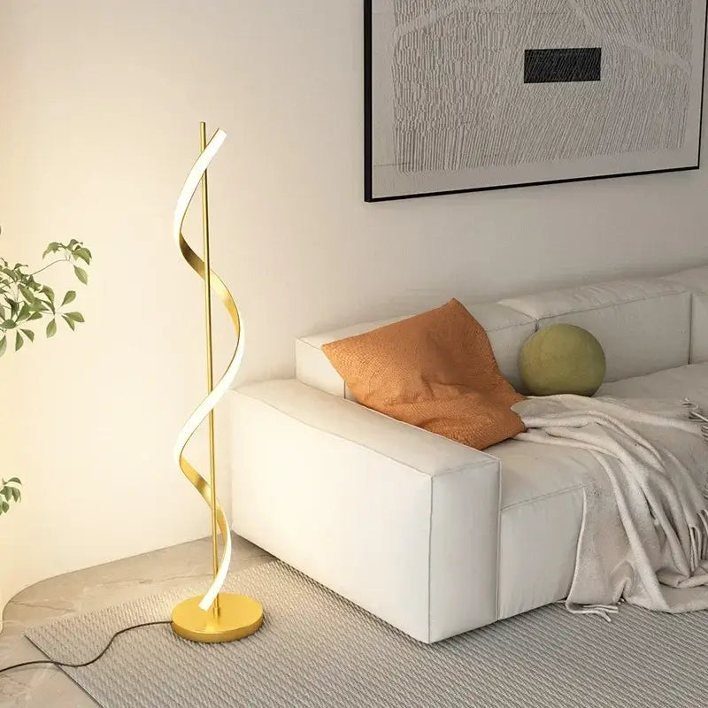 Gold-finished DecorBites LED Revolve floor lamp with spiral design and integrated LED lighting for indoor decor