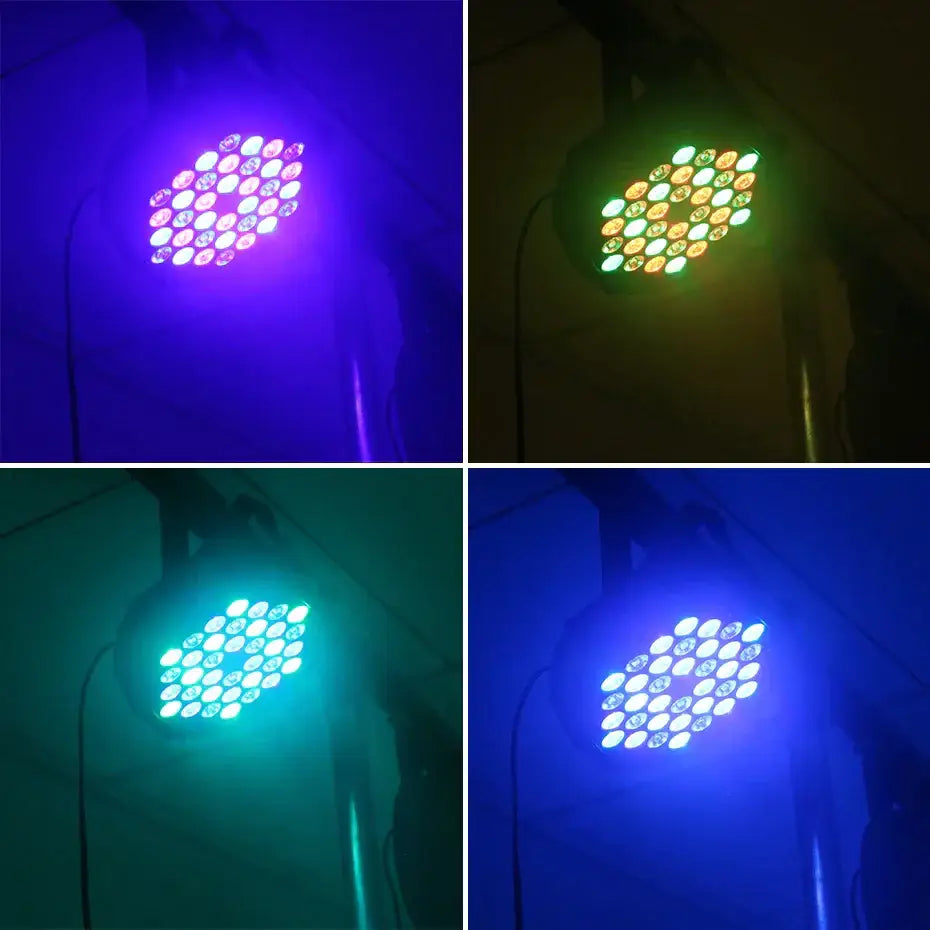 Decorbites™ led rgb dmx512 par light featuring a circular panel with colorful purple green cyan and blue leds for dj shows