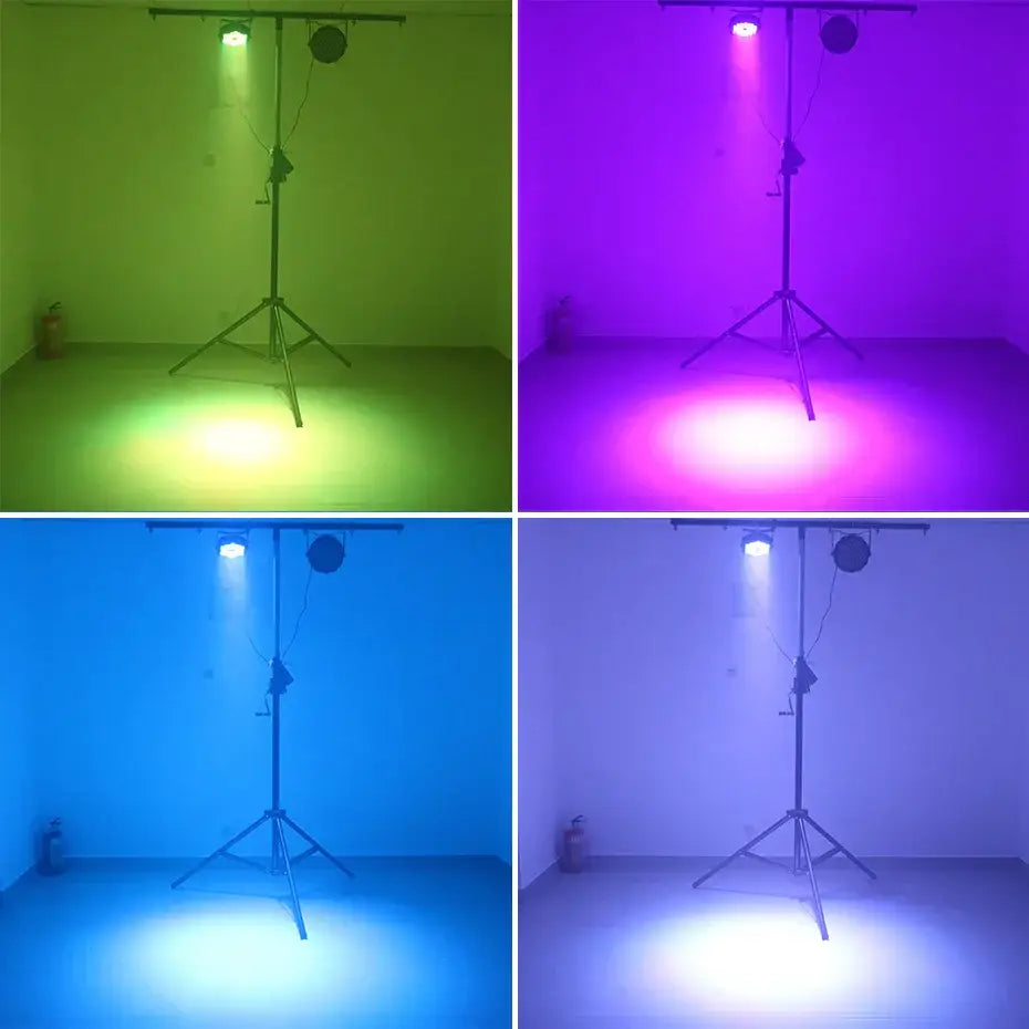 Decorbites™ led rgb dmx512 par light with metal tripod and adjustable arm emitting vibrant green purple blue or white beams