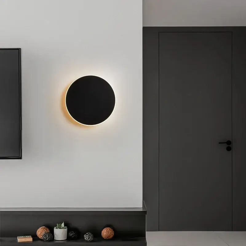 Black circular decorbites led rgb round wall light with glowing gold acrylic rim for indoor bedroom decor