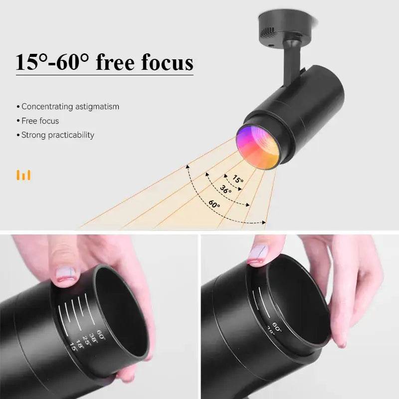 Black cylindrical decorbites led rgb spotlight with adjustable 15° to 60° focus and sleek metallic finish for ktv bar lighting