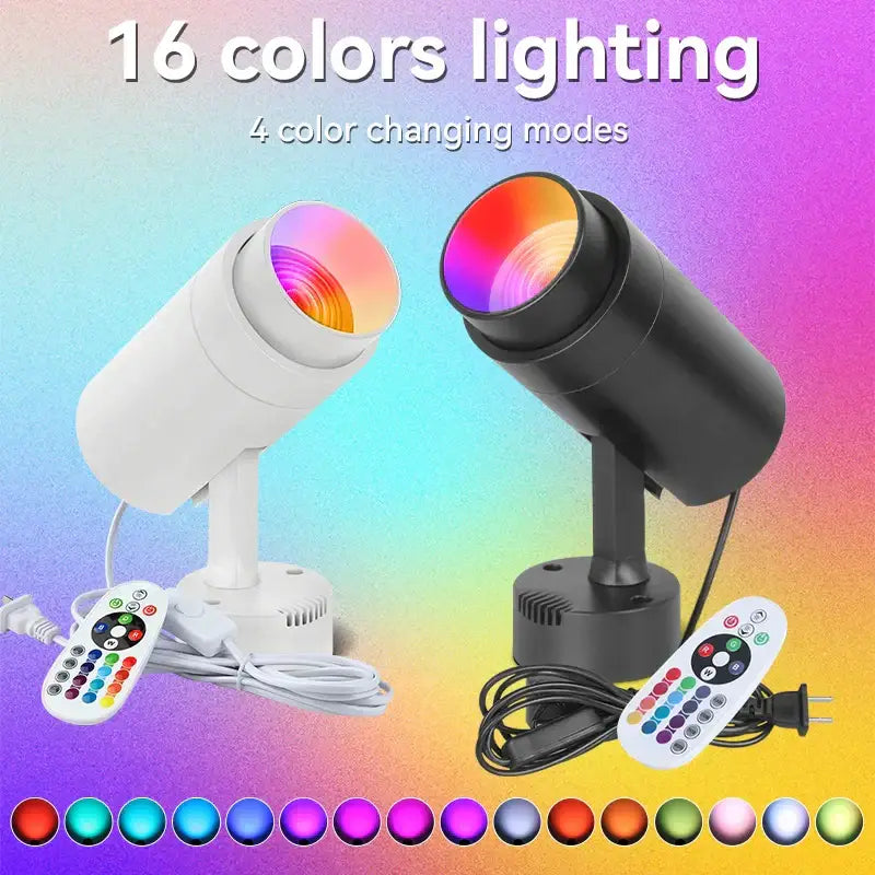 White and black DecorBites LED RGB spotlight with remote control for 16 color options ideal for KTV bar disco lighting