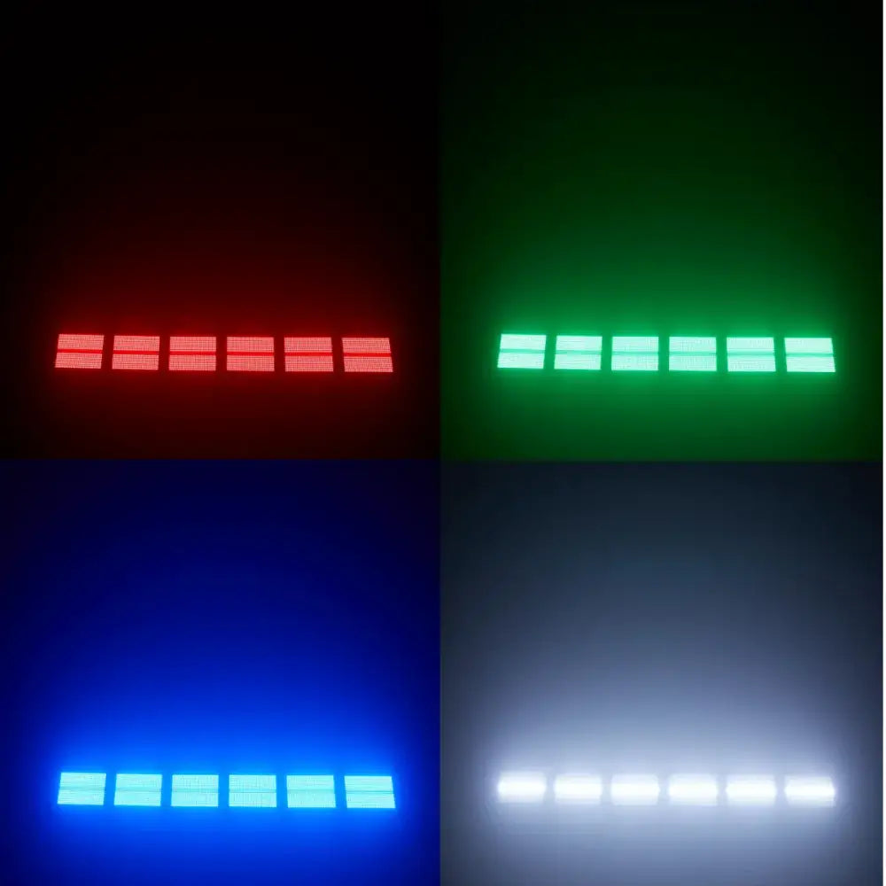 A decorbites led rgbw 4in1 rectangular strobe light bar with six illuminated red green blue and white segments for dj stage lighting