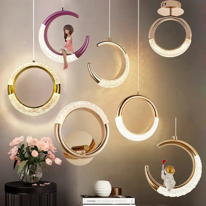 Crescent-shaped DecorBites™ pendant light and moon lamps set with textured gold and purple acrylic alloy led ring design